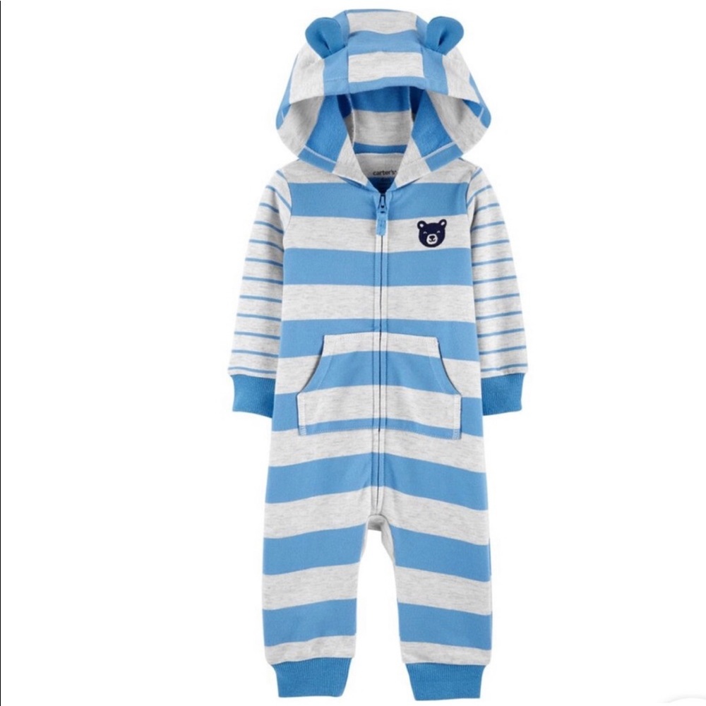 Carter’s Hooded Bear Blue Gray Striped Jumpsuit 9M